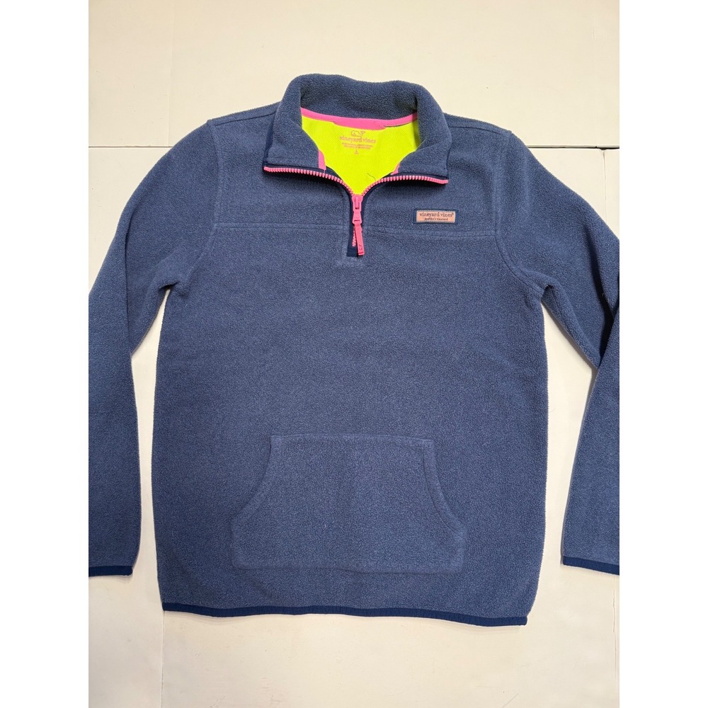 Vineyard Vines Girls Blue Fleece Quarter Zip Pullover Sweater Pink Trim Large 14